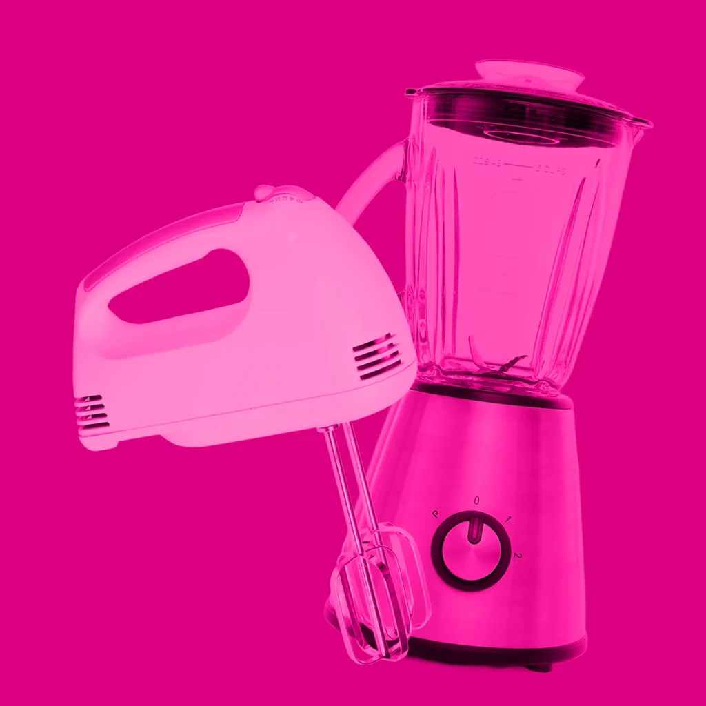 Floating blender and mixer in a pink haze against a bright pink backdrop
