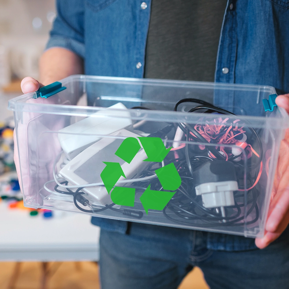 carrying a box of electrics clear box 1000px A light skinned man holding a see through plastic box full of electrical goods with a green recycle logo on the front.