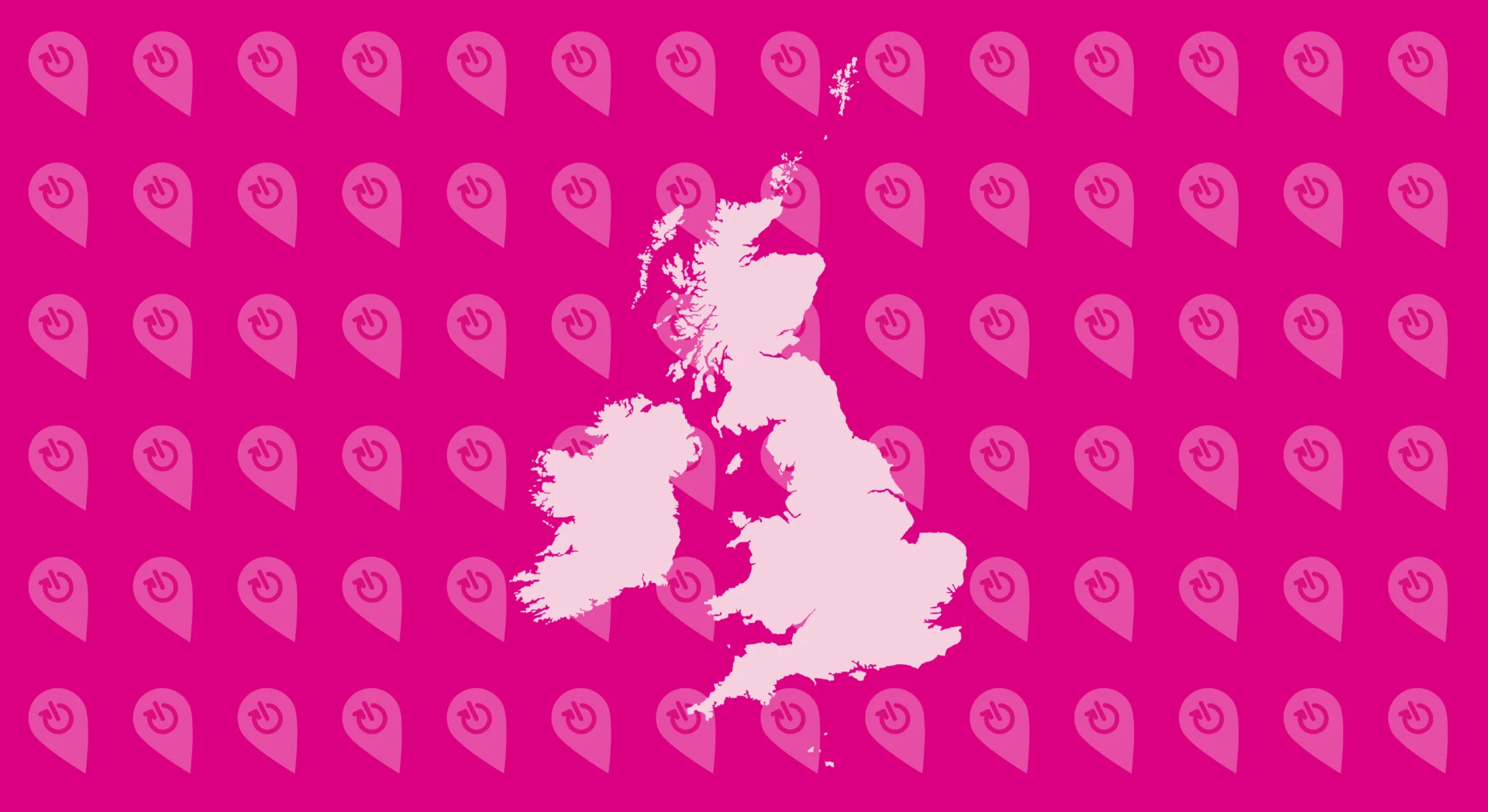 a map of the uk in pink against a backdrop of bright pink and light pink location pointers