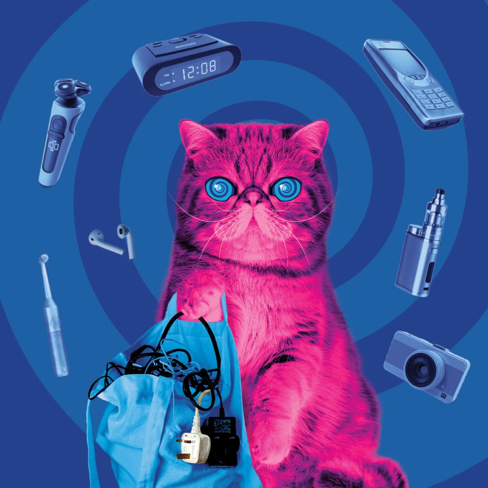 HypnoCat - a pink fluffy persian cat sitting holding a bag of old electricals with a blue swirling background and various small electrical devices swirling around his head