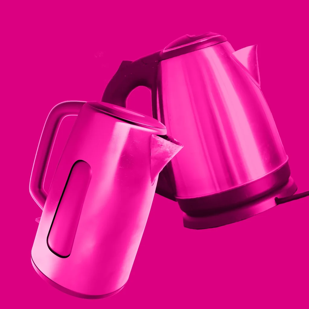 Floating old kettles in a pink haze against a bright pink backdrop